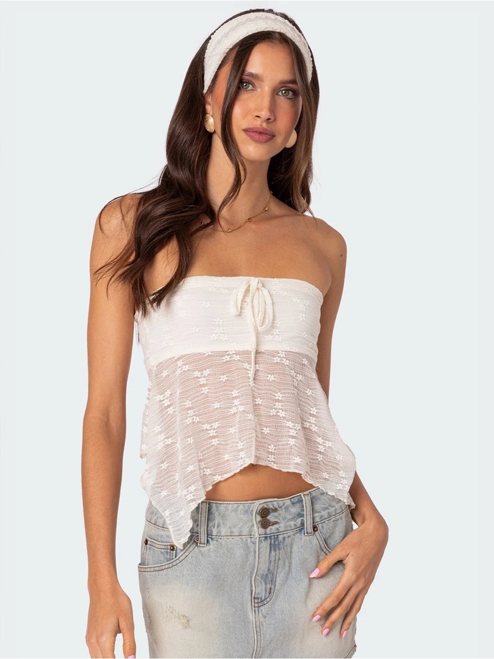 Embroidered Sheer Strapless Top